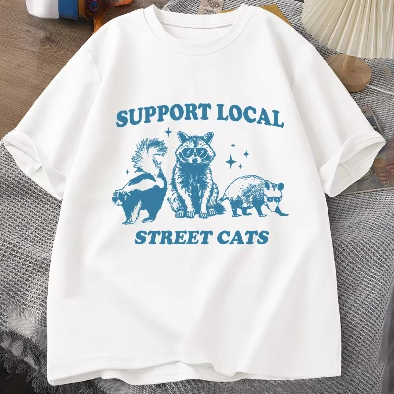 Fashion Street Cat - あなたの地元の野良猫を応援しましょう レトロ Tシャツ 面白いアライグマ グラフィック Tシャツ