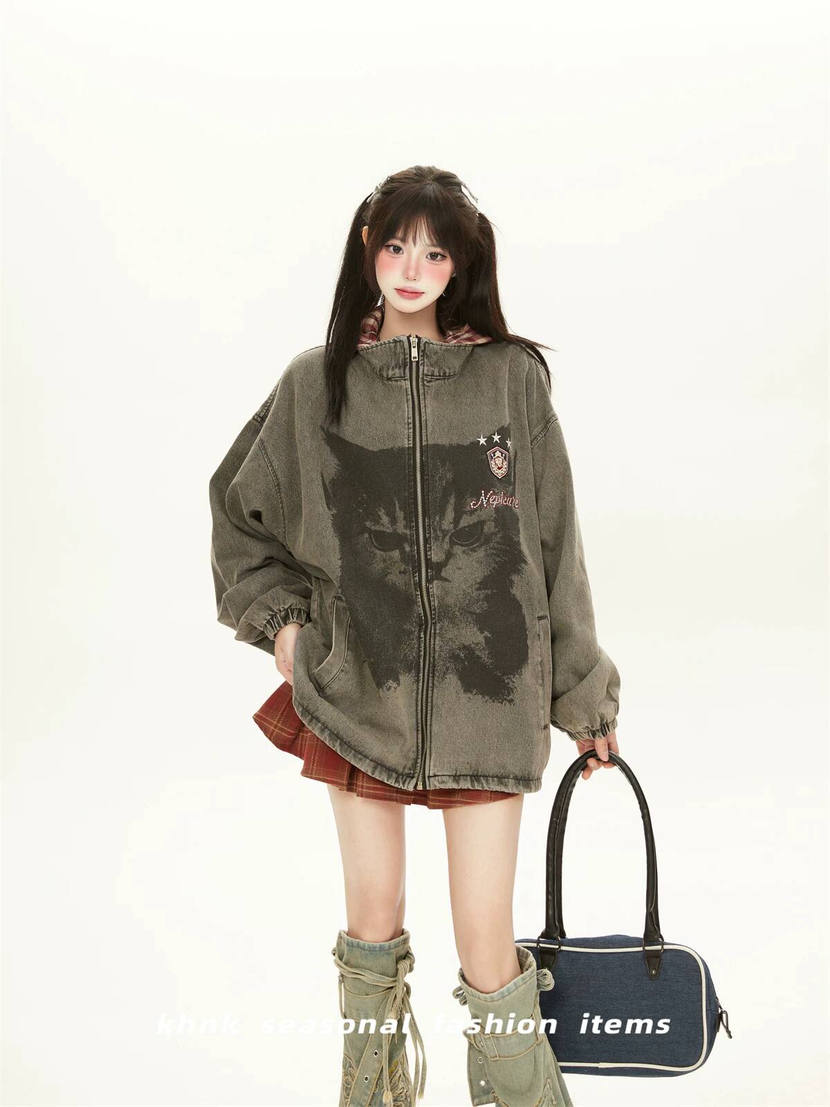 Fashion Street Cat - 女性デニムジャケット 2026 秋女性ヴィンテージアメリカンウォッシュ加工デニムフード付きジャケットかわいい猫クールルーズファッションコート