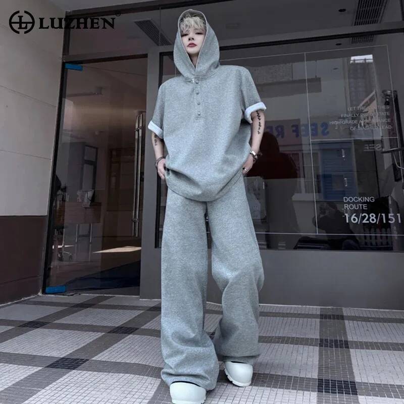 Street Fashion Men - LUZHEN オリジナルトップススリーブ 2026 ショートサマーパーカー新しいメンズルーズストレートカジュアルパンツファッションストリートツーピースセット JY7334