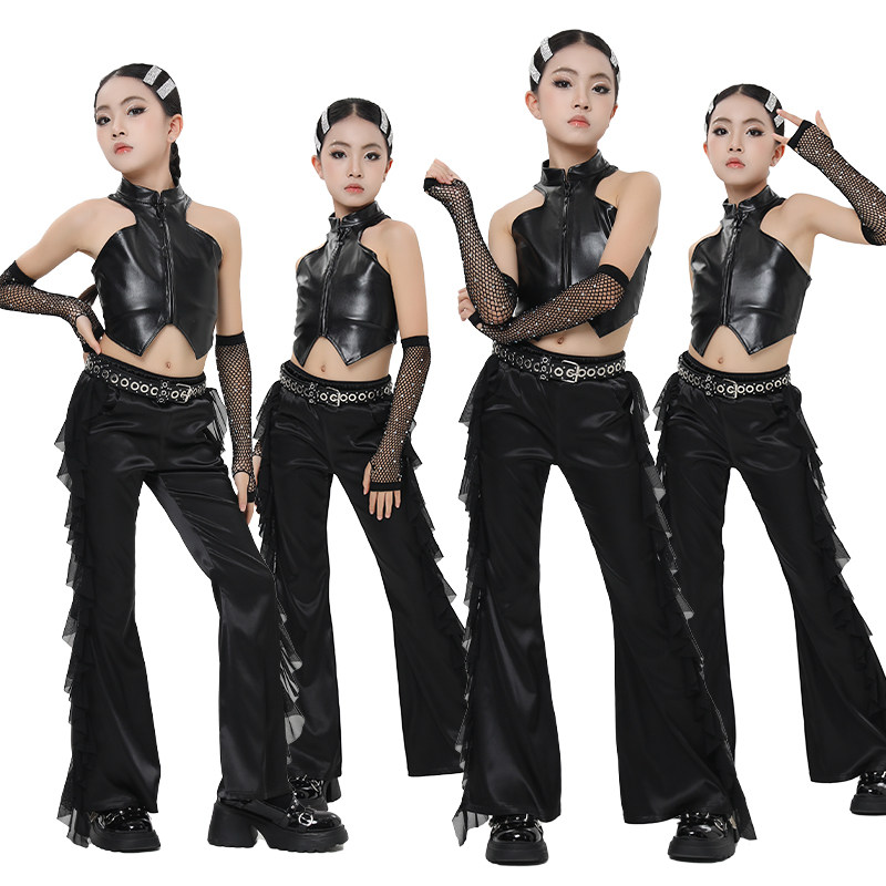 Street Fashion Kpop - ファッション不規則な吊りネックトップパンツ女の子ジャズダンス衣装子供ヒップホップ服ストリートウェアステージ K-pop 衣装 DW11461