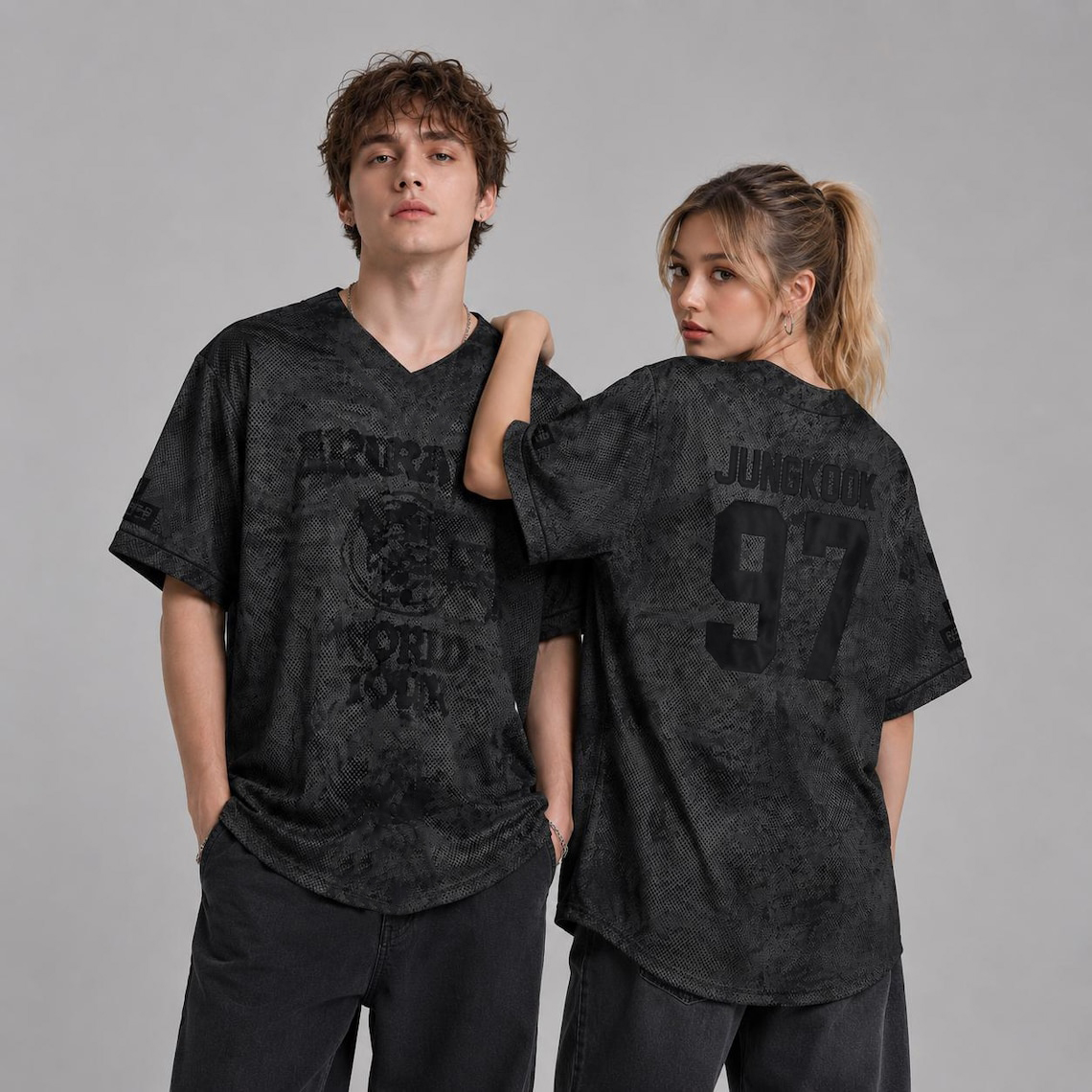 Street Fashion Kpop - BTS ジョングク 97 プリント Vネック メッシュ