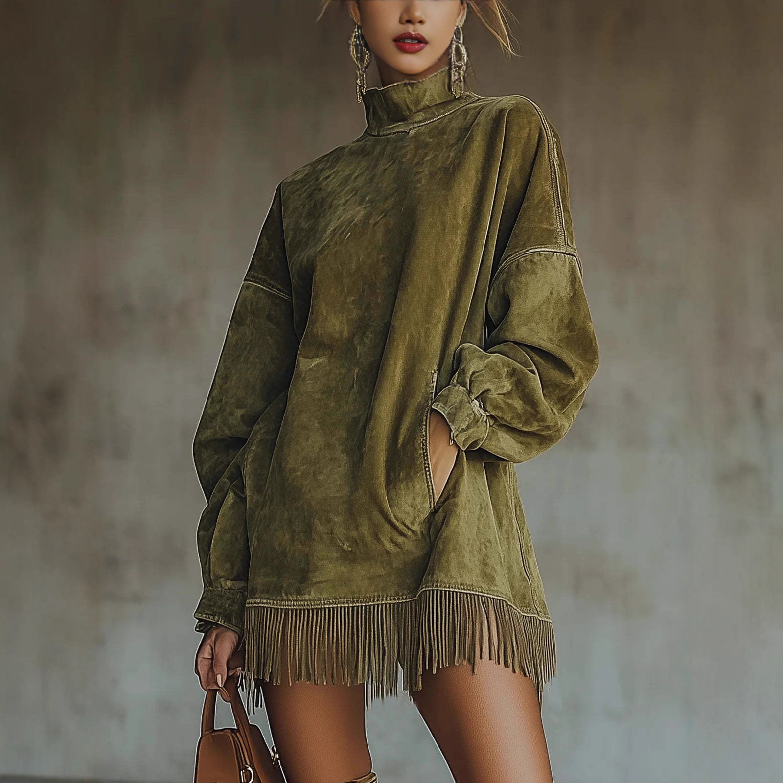 Guangzhou Street Fashion - 2026 新ファッションタッセル長袖ドレス女性春カジュアルルーズレトロ無地ラウンドネックミニドレス女性のための