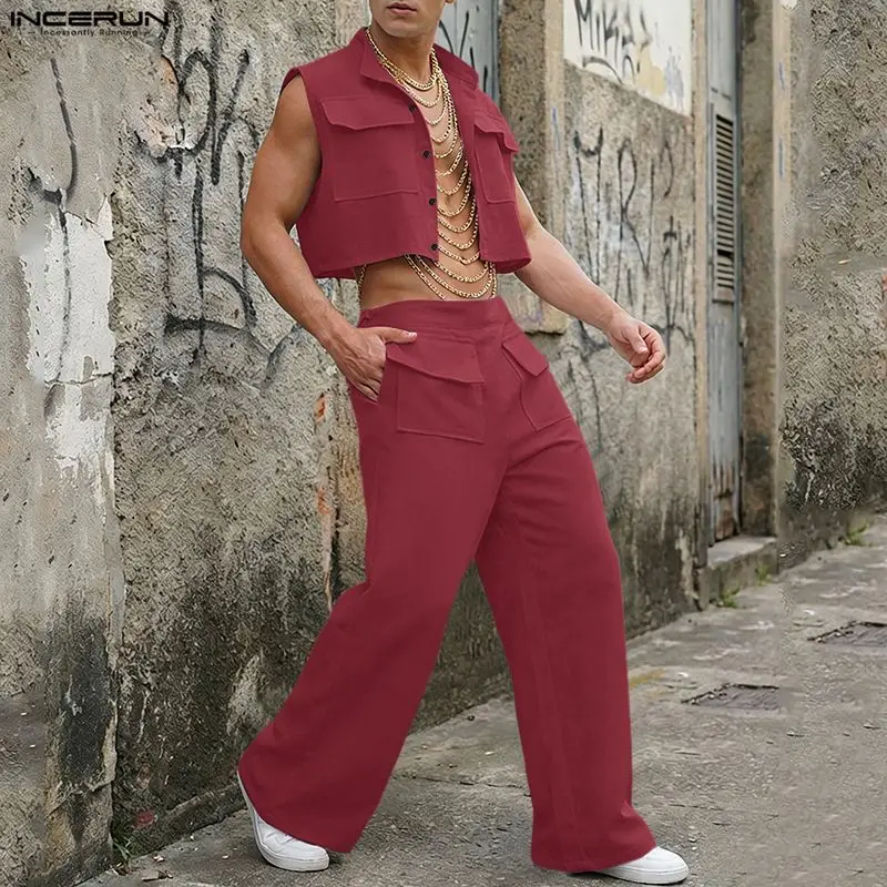 Street Fashion Clothes - INCERUN 男性セット固体ノースリーブクロップトップスシャツパンツ 2 ピースセットストリートルーズ 2026 ファッションメンズマッチングセットトラックスーツ
