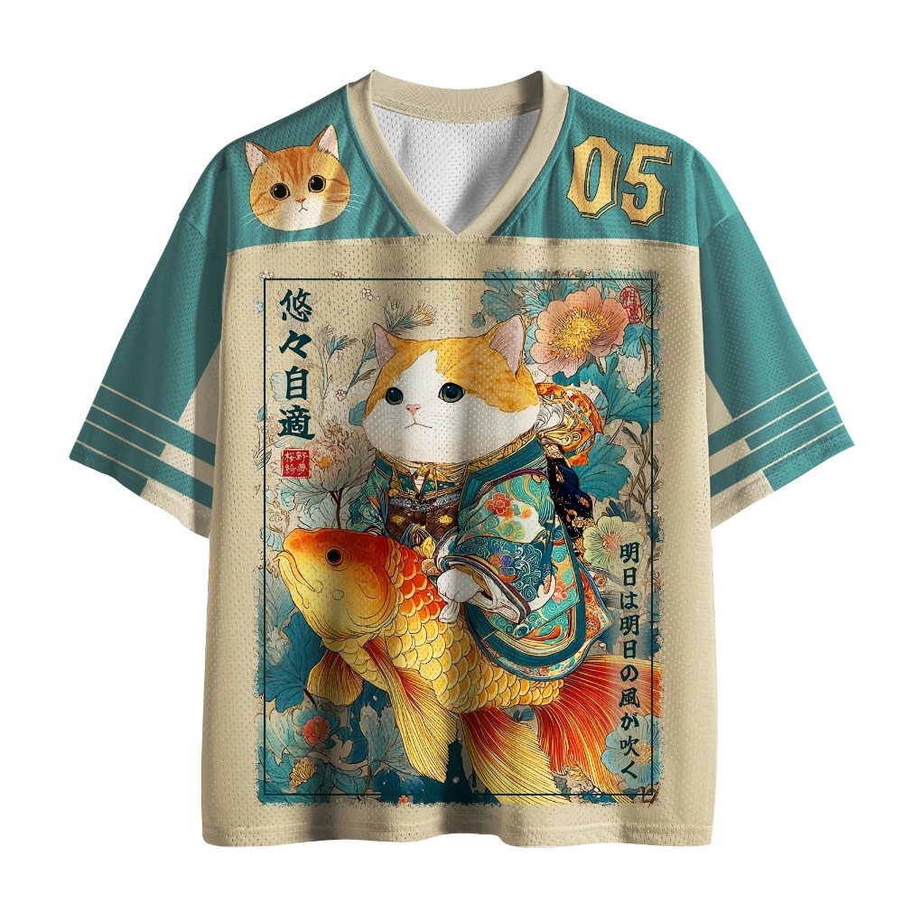 Fashion Street Cat - 日本の原宿漫画猫鯉 3D プリント呼吸速乾男性 V ネック Tシャツアウトドアストリートファッションカジュアル親子服
