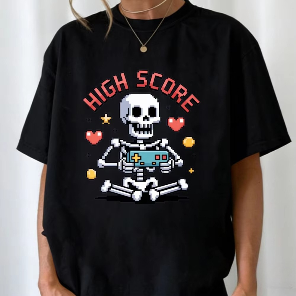 Street Fashion Videos - ハイスコアピクセルスケルトンTシャツ レトロゲーマー ビデオゲーム メンズ レディース ストリートウェアシャツ