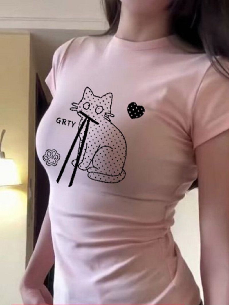Fashion Street Cat - 綿 100% Y2K スリムフィットクロップド T シャツ女性かわいい猫ハート足跡プリント半袖クルーネックストリートファッションクロップトップス