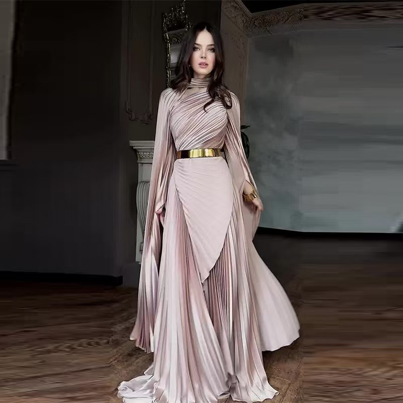 Guangzhou Street Fashion - グラデーションプリント折りたたみイブニングドレス、レジャー用中空スリットスリーブ、宴会ドレス、エレガントなレディースハイウエストビッグヘムドレス