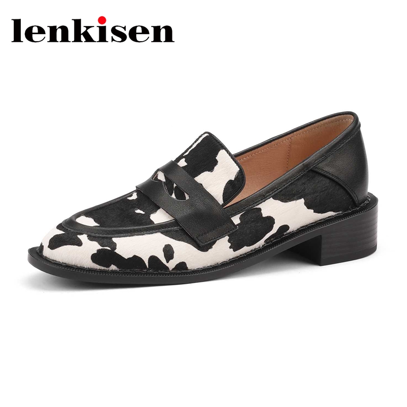 Street Fashion Rome - Lenkisen 馬の毛ラウンドトゥ Med ヒールパッチワークヒョウハイストリートファッションローファー美容女の子デートスリップオン女性パンプス