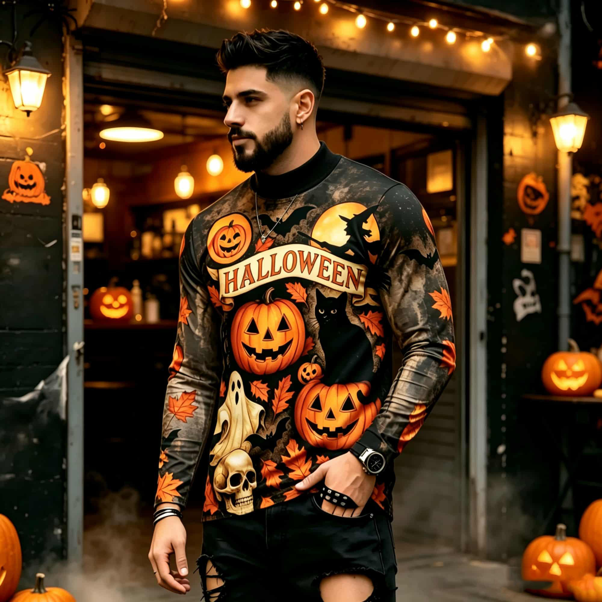 Street Fashion Men - カジュアルファッションストリートスタイル ハロウィンプリント 長袖Tシャツ パンプキンゴースト黒猫柄 トレンディで多用途なメンズトップス