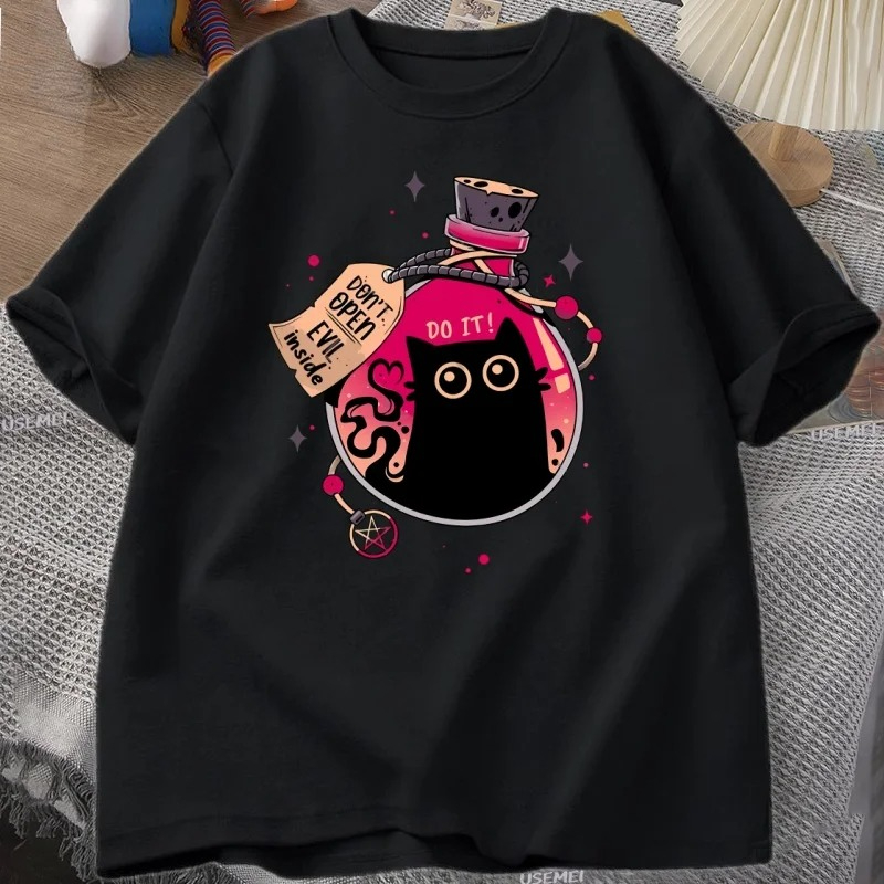 Fashion Street Cat - 邪悪な黒猫のボトル Tシャツ夏のファッション Tシャツ半袖女性猫柄服ストリートファッション服 Y2K