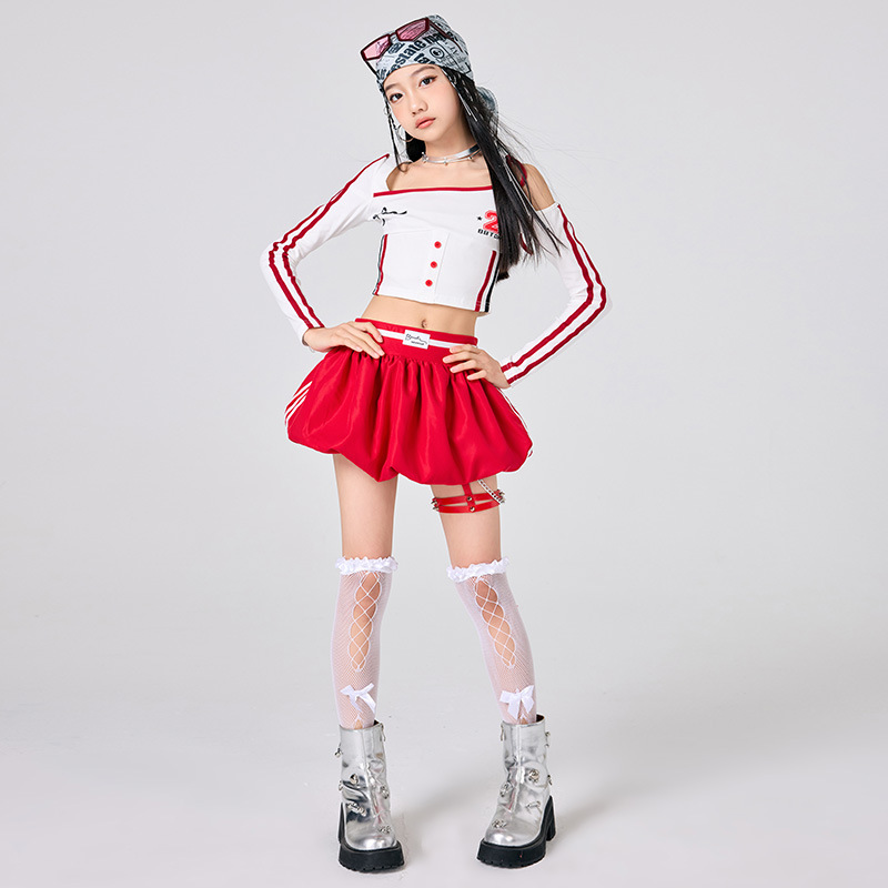 Street Fashion Kpop - 女の子ヒップホップの服白トップ赤スカートジャズダンスパフォーマンス衣装ファッション Kpop 衣装ストリートキャットウォークパフォーマンススーツ