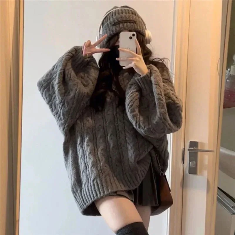 Street Fashion In Korea - Fanan-女性の特大ニットセーター、韓国のプルオーバー、長袖、Vネックニット、プレッピー、モノクロ、ルーズジャンパー、原宿、冬