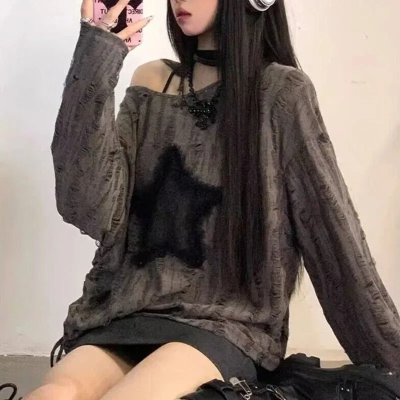 Street Fashion Kpop - Y2K ホールスタープリント Tシャツ女性ファッションストリートオフショルダートップス夏特大 Kpop 長袖ルーズ Tシャツレディース新