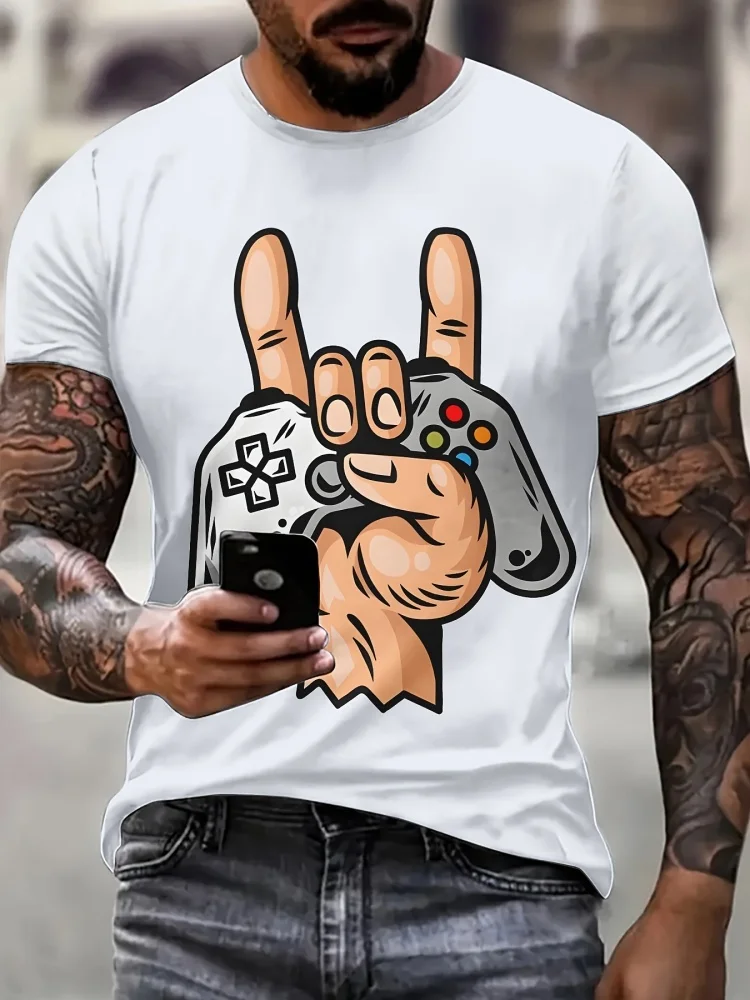 Street Fashion Videos - ファッションメンズクールゲーミングコントローラーハンドグラフィックTシャツビデオゲーム愛好家Tシャツデイリーカジュアル半袖トレンドストリートトップス