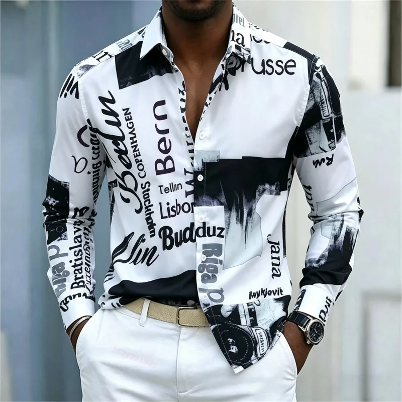 メンズプリント長袖シャツ、スリムフィット、襟付き、ストリート - Street Fashion Men のレビューと価格