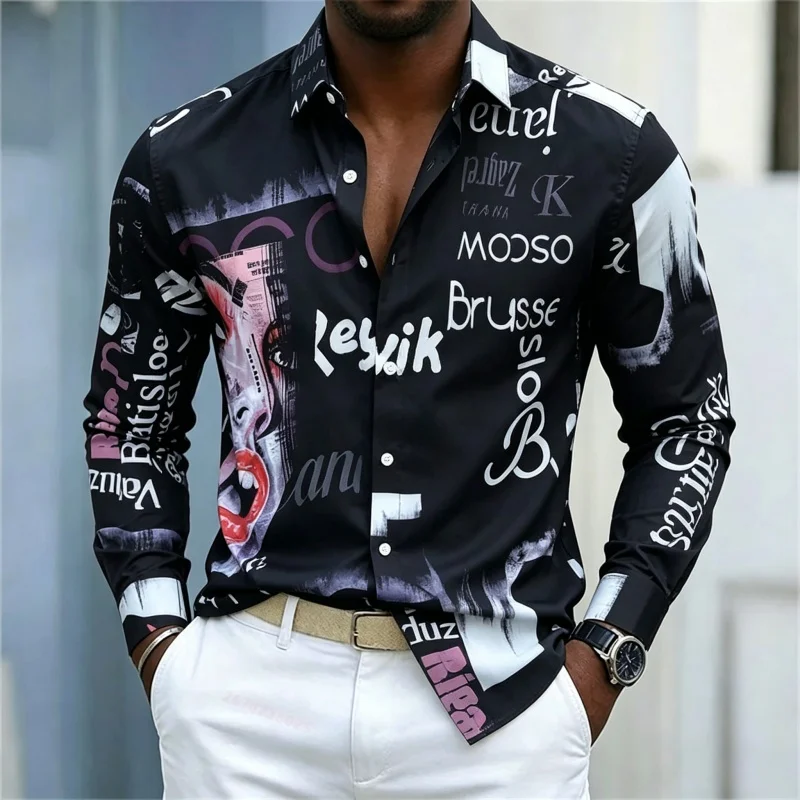メンズプリント長袖シャツ、スリムフィット、襟付き、ストリート - Street Fashion Men のレビューと価格