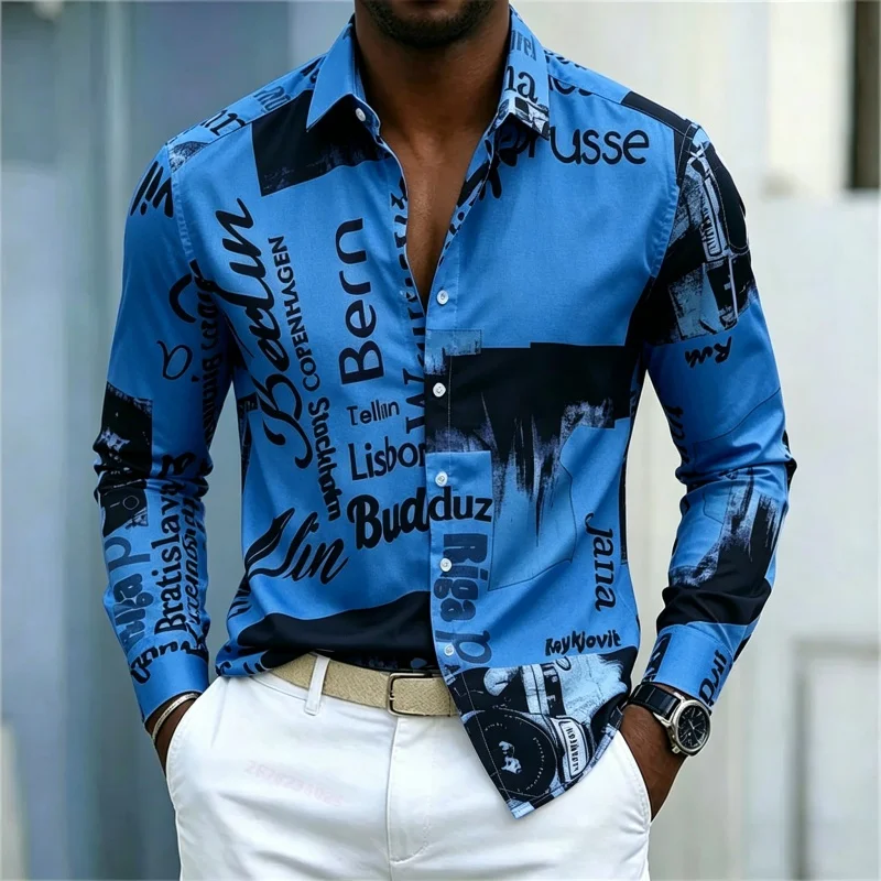 メンズプリント長袖シャツ、スリムフィット、襟付き、ストリート - Street Fashion Men のレビューと価格