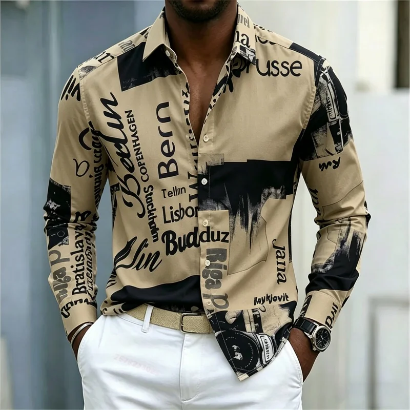 メンズプリント長袖シャツ、スリムフィット、襟付き、ストリート - Street Fashion Men のレビューと価格