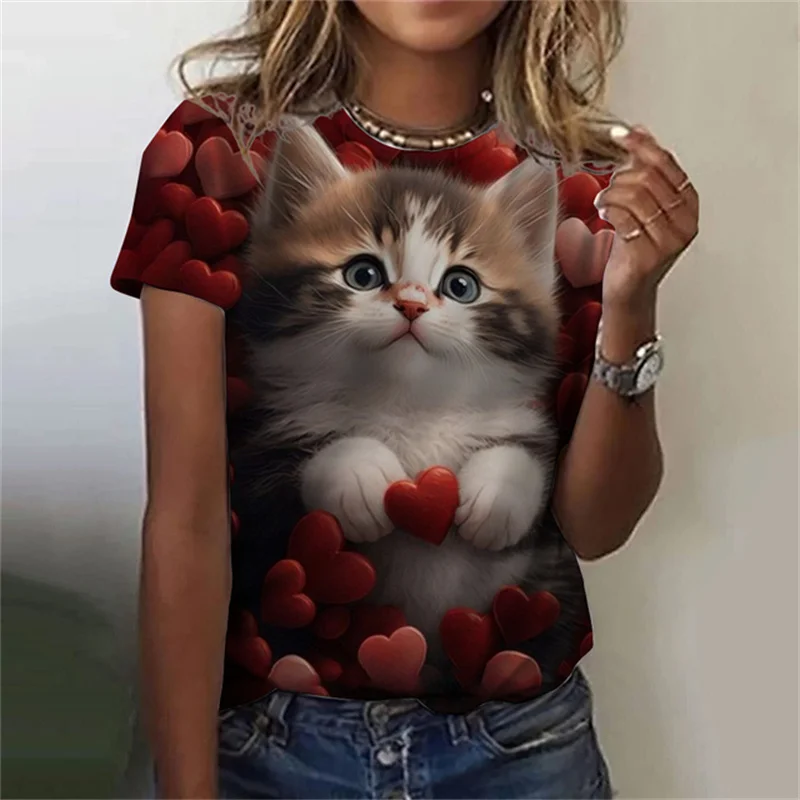 女性用半袖ラウンドネックTシャツ,3Dプリント,カジュアル, - Fashion Street Cat のレビューと価格