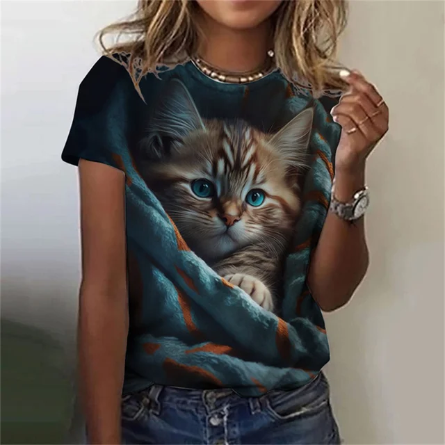 女性用半袖ラウンドネックTシャツ,3Dプリント,カジュアル, - Fashion Street Cat のレビューと価格