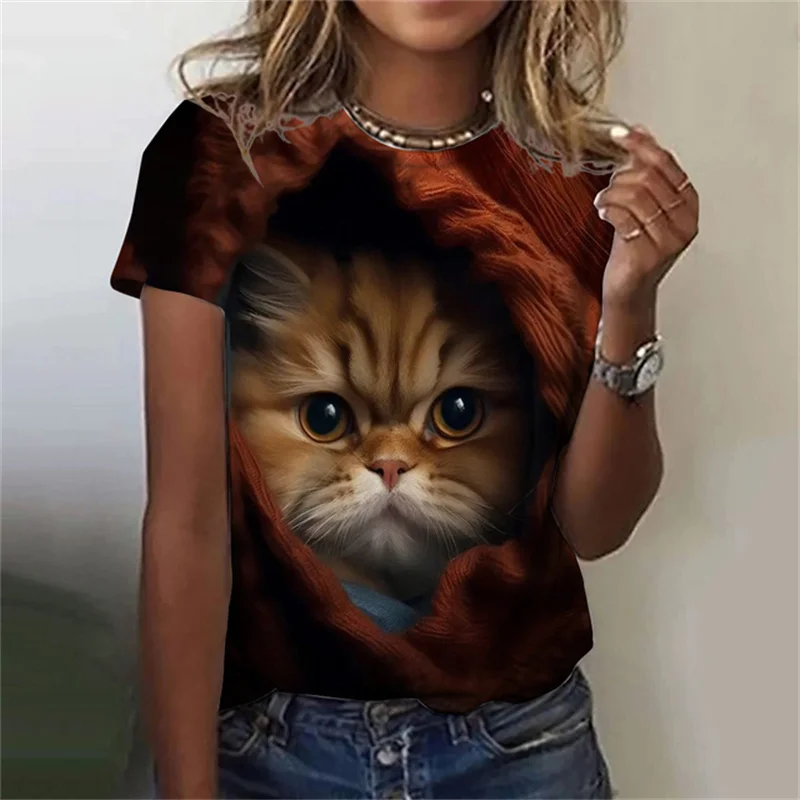 女性用半袖ラウンドネックTシャツ,3Dプリント,カジュアル, - Fashion Street Cat のレビューと価格