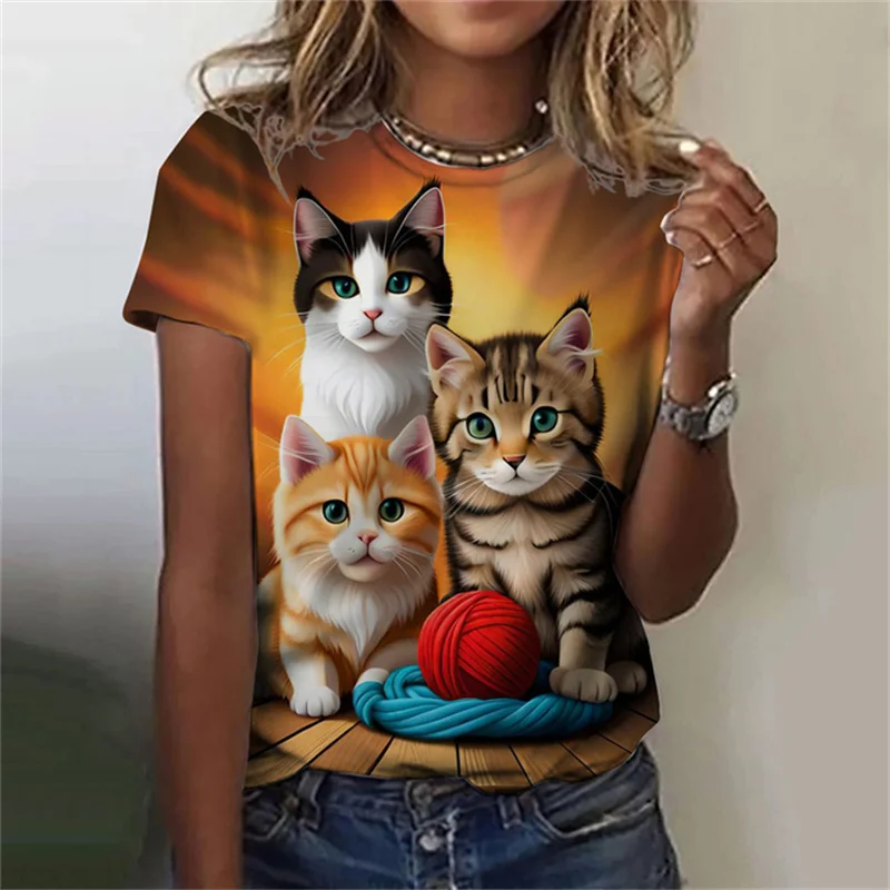 女性用半袖ラウンドネックTシャツ,3Dプリント,カジュアル, - Fashion Street Cat のレビューと価格