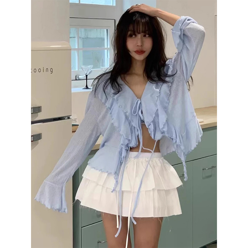 MEXZT クロップ白シャツ女性のファッションフリル包帯ピン - Street Fashion In Korea のレビューと価格