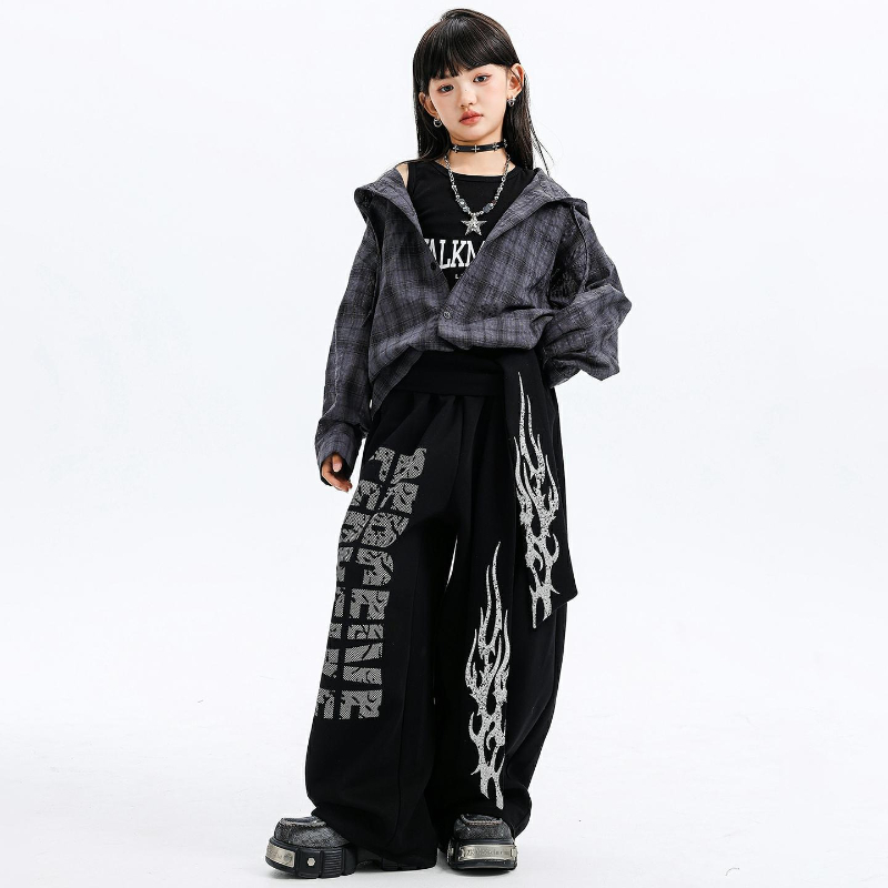 女の子ジャズダンス衣装フード付きチェック柄シャツレザーパンツ - Street Fashion Kpop のレビューと価格