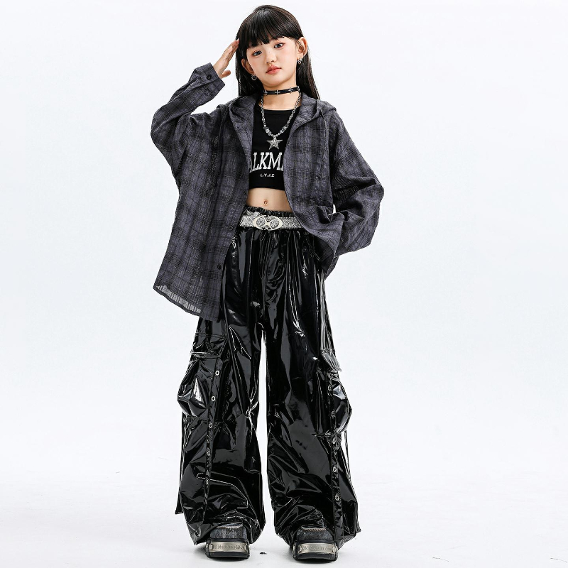女の子ジャズダンス衣装フード付きチェック柄シャツレザーパンツ - Street Fashion Kpop のレビューと価格