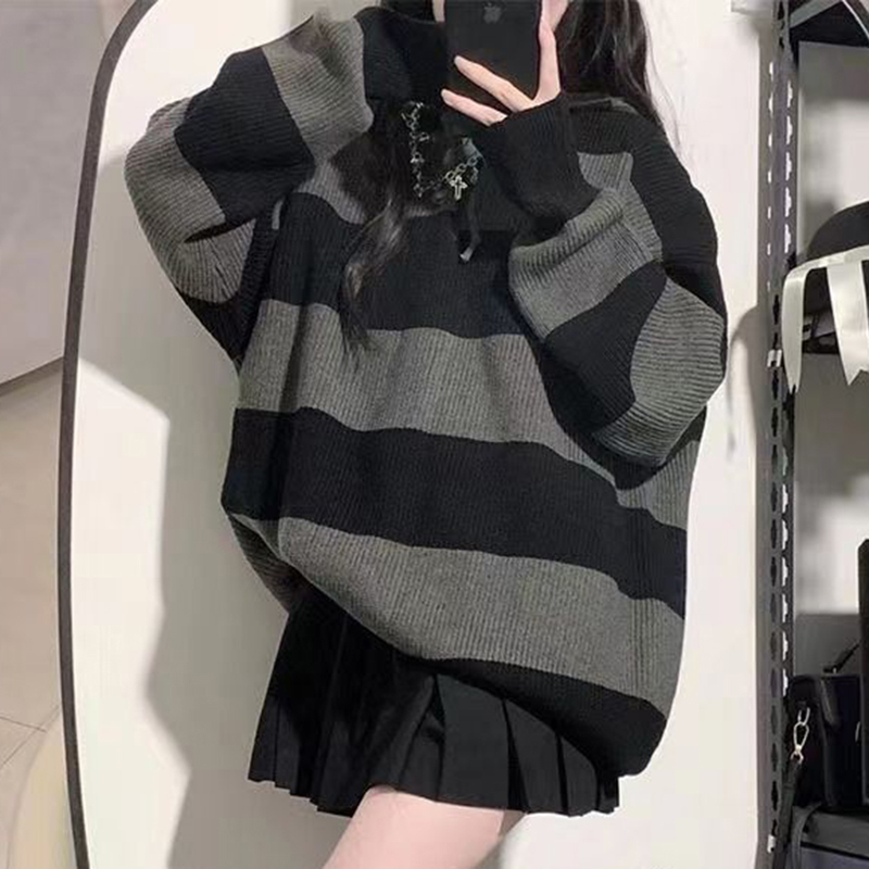 女性用の特大ストライプニットセーター,ルーズフィット,カジュ - Street Fashion In Korea のレビューと価格