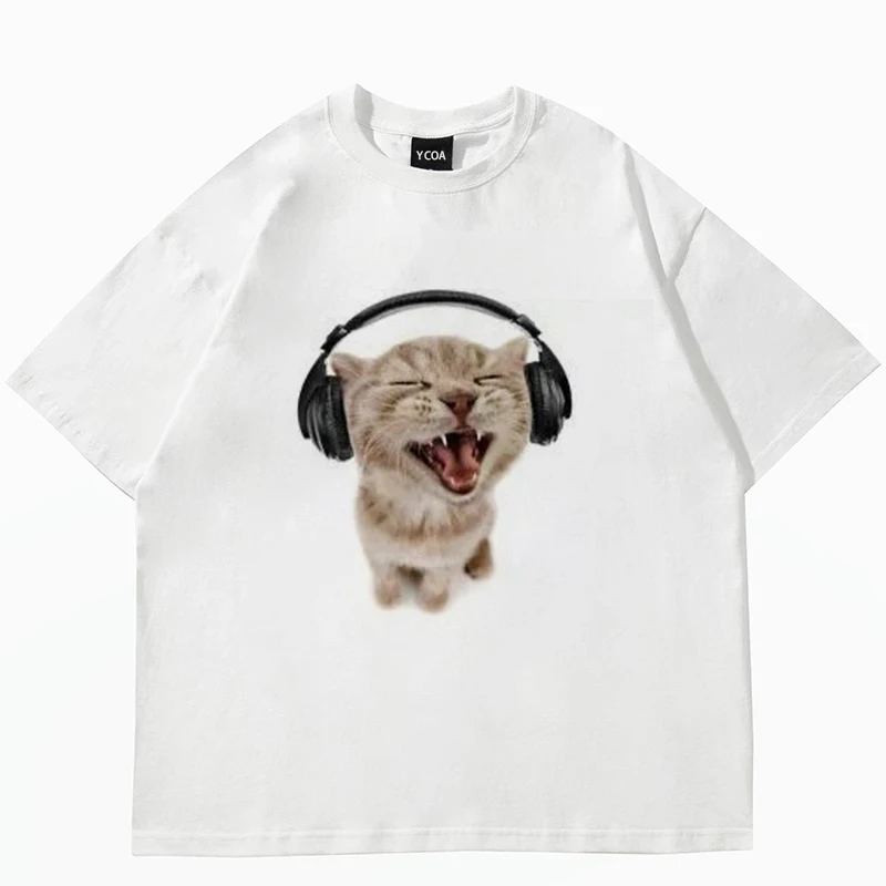 女性のかわいい猫プリント半袖 Tシャツ原宿ファッションカップ - Fashion Street Cat のレビューと価格