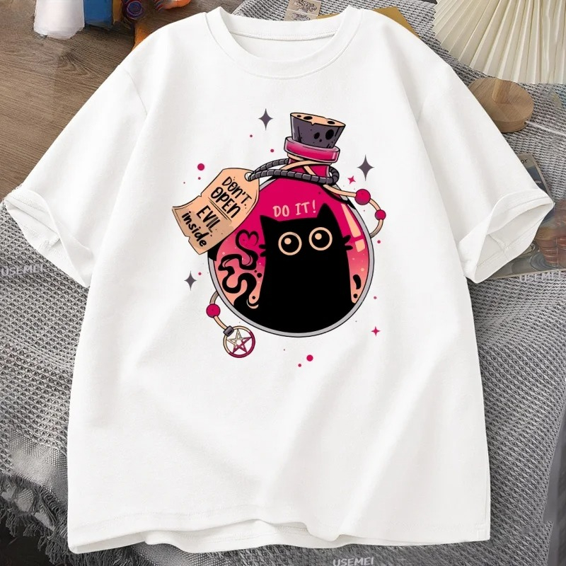 邪悪な黒猫のボトル Tシャツ夏のファッション Tシャツ半袖女 - Fashion Street Cat のレビューと価格