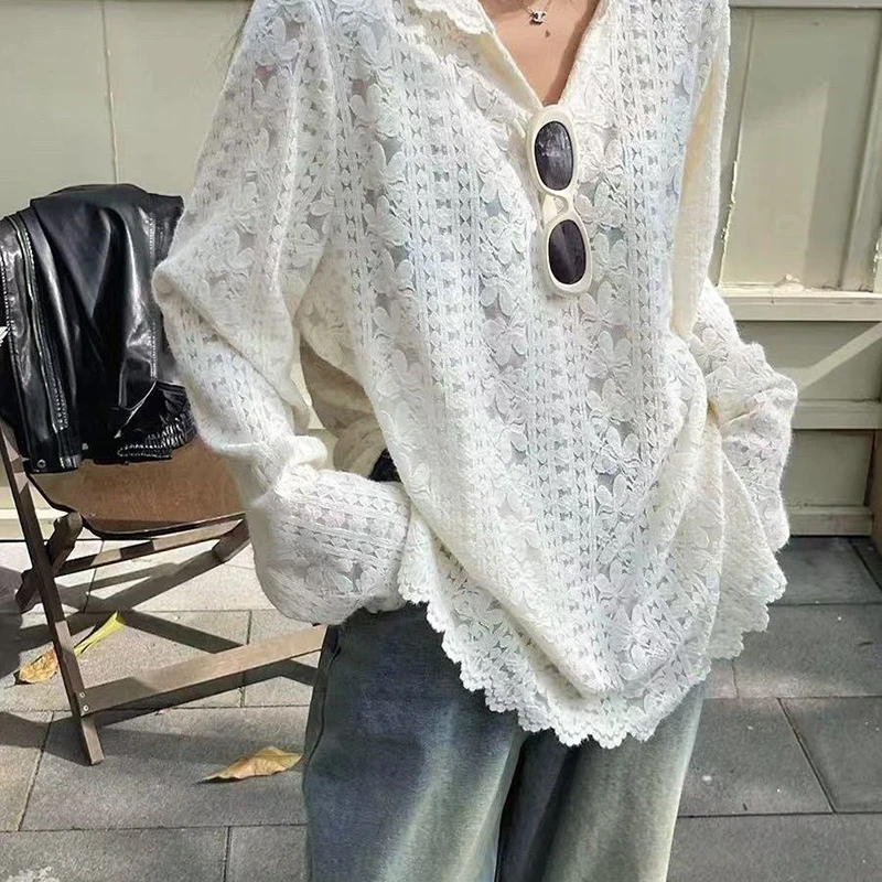 Y2K レースフード付きシャツ女性ストリートセクシーな中空ア - Street Fashion In Korea のレビューと価格