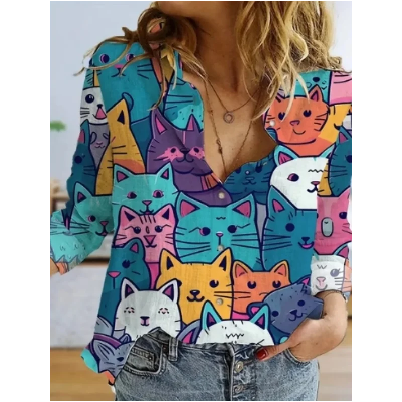 女性の長袖ブラウス,動物のプリントシャツ,猫の漫画のパターン - Fashion Street Cat のレビューと価格