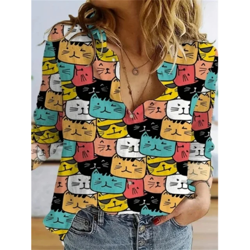 女性の長袖ブラウス,動物のプリントシャツ,猫の漫画のパターン - Fashion Street Cat のレビューと価格