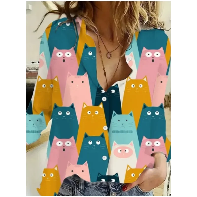女性の長袖ブラウス,動物のプリントシャツ,猫の漫画のパターン - Fashion Street Cat のレビューと価格