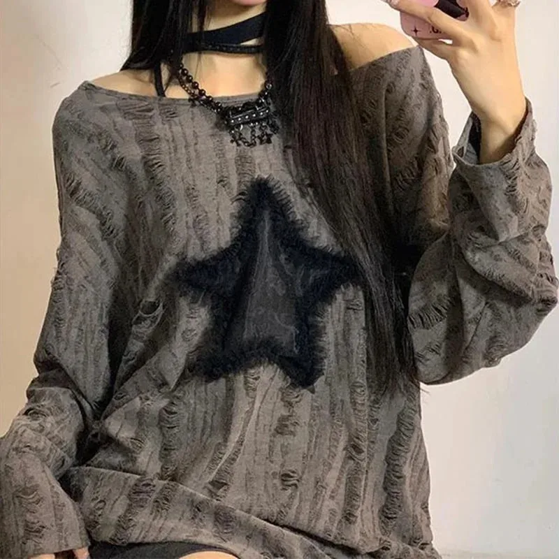 Y2K ホールスタープリント Tシャツ女性ファッションストリ - Street Fashion Kpop のレビューと価格