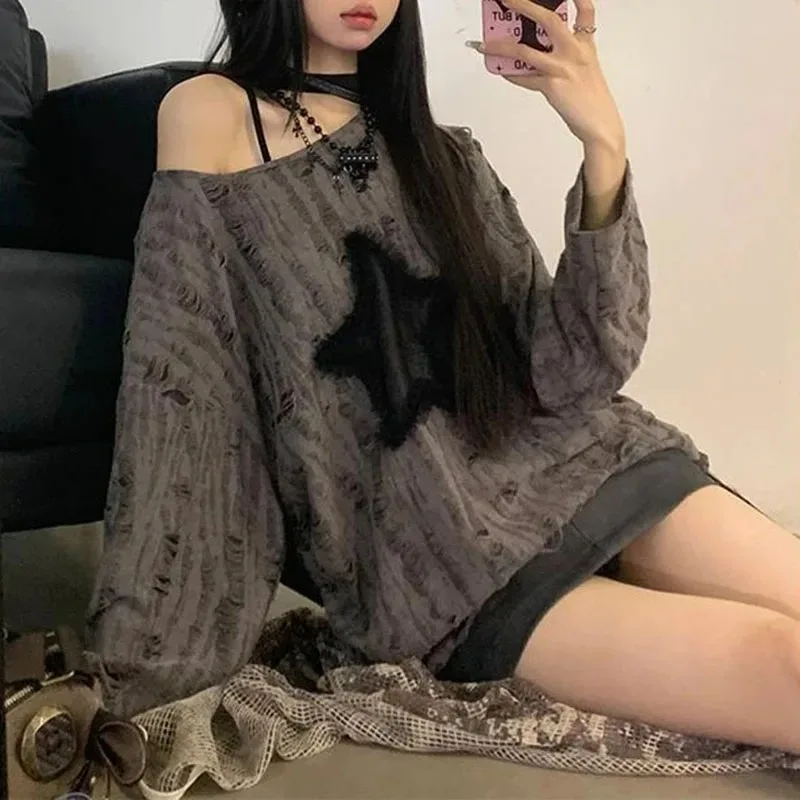 Y2K ホールスタープリント Tシャツ女性ファッションストリ - Street Fashion Kpop のレビューと価格