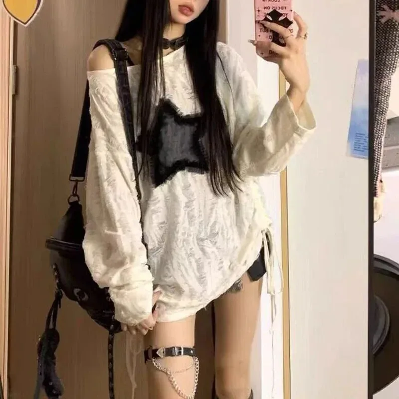 Y2K ホールスタープリント Tシャツ女性ファッションストリ - Street Fashion Kpop のレビューと価格