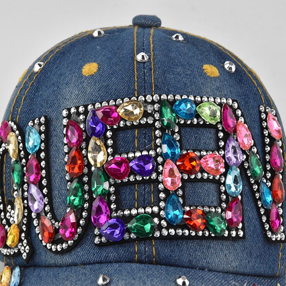 女王ラインストーンデニム野球帽通気性調節可能なスナップバック - Queen Street Fashion のレビューと価格