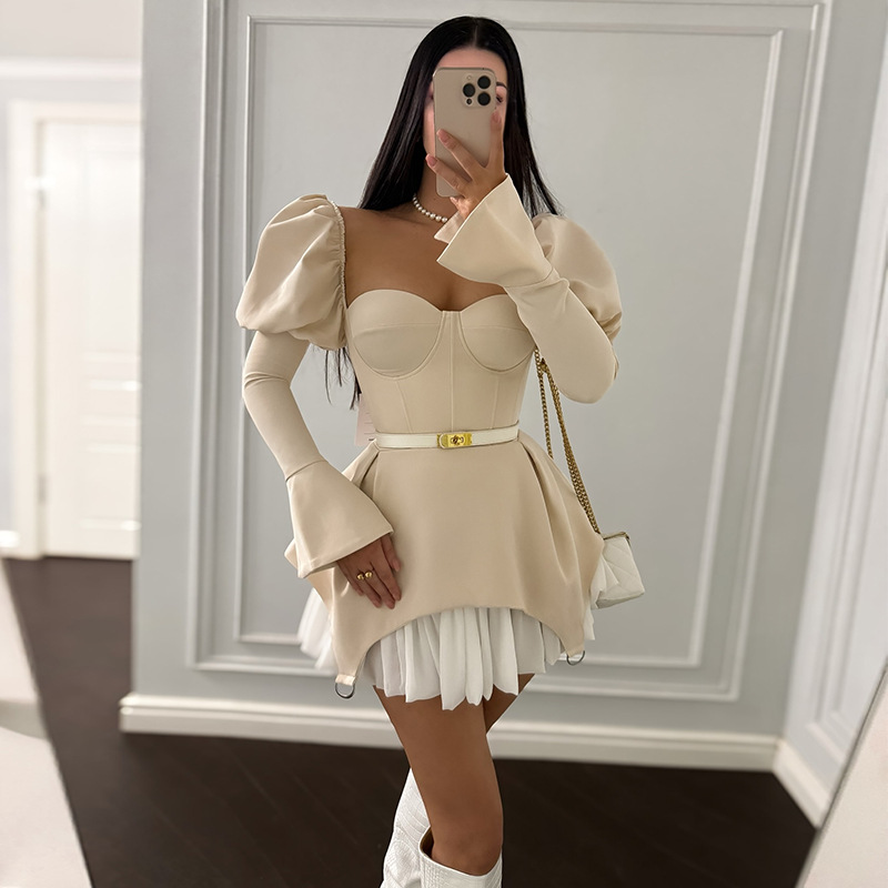 バブルスリーブスリムパッチワークショートドレス女性シックなソ - Guangzhou Street Fashion のレビューと価格